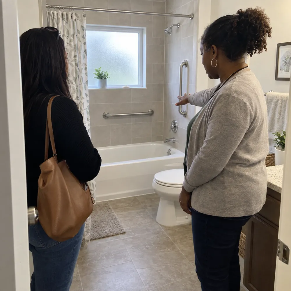 A staff member showing a visitor the bathroom