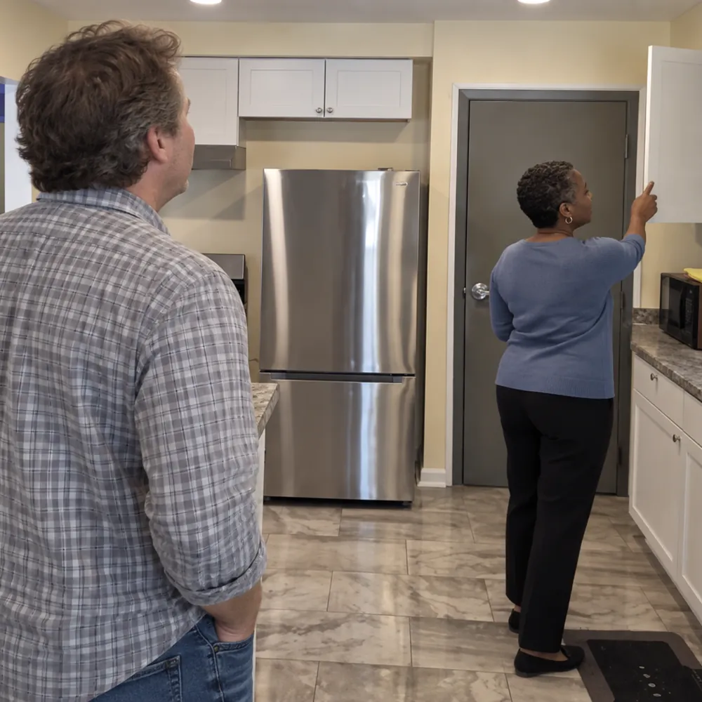 A staff member showing a visitor the kitchen