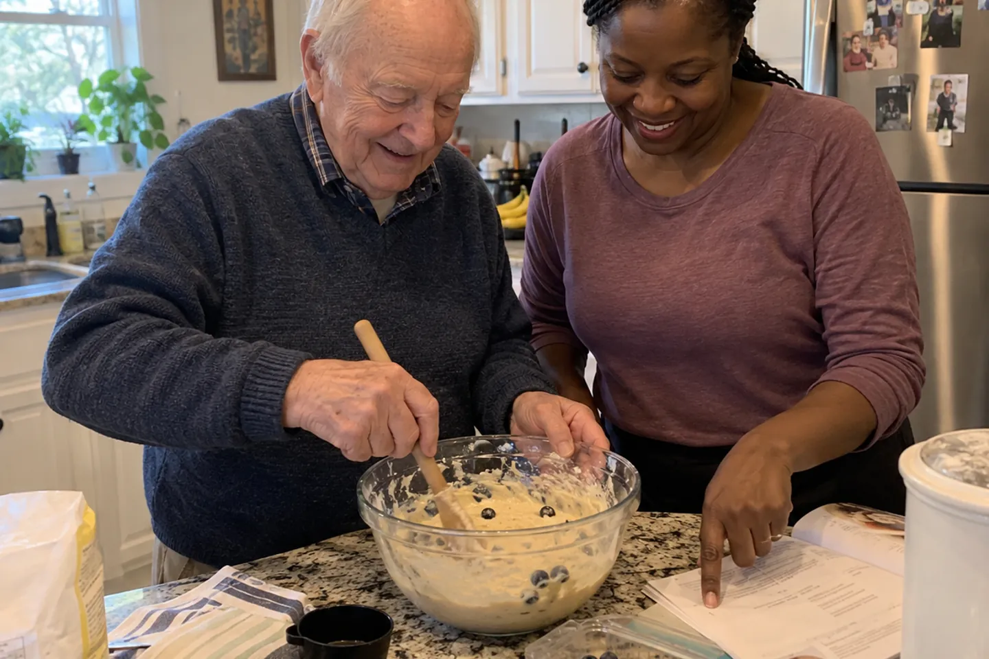A resident baking with a caregiver in the kitchen