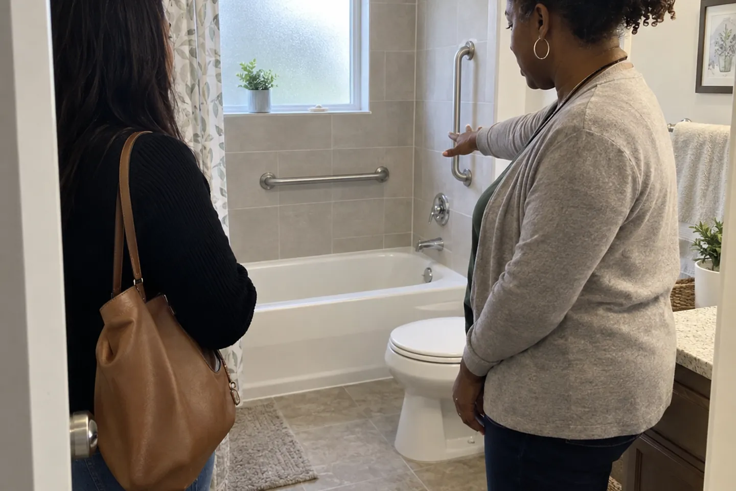 A staff member showing a visitor the bathroom