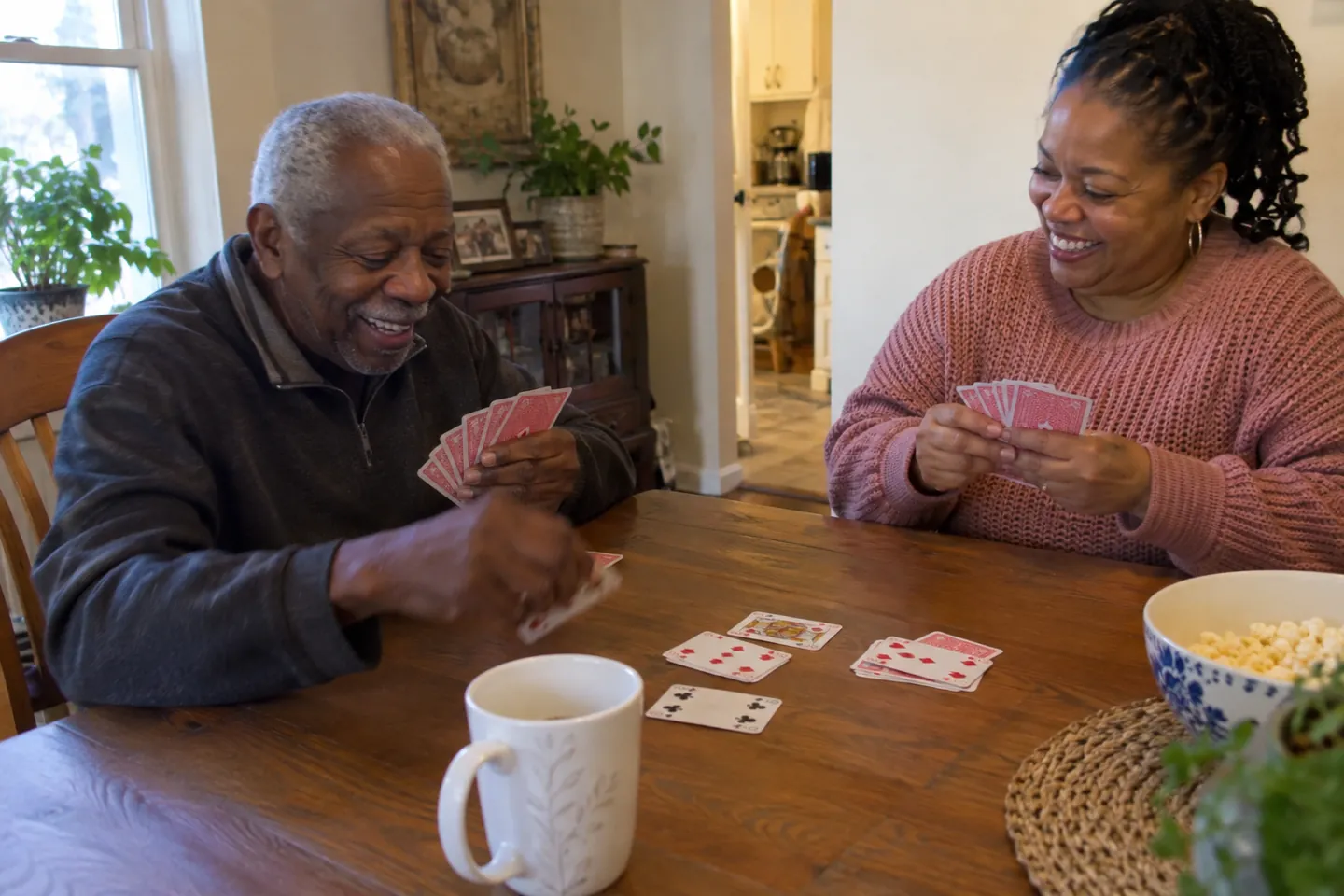 A resident playing cards with a caregiver