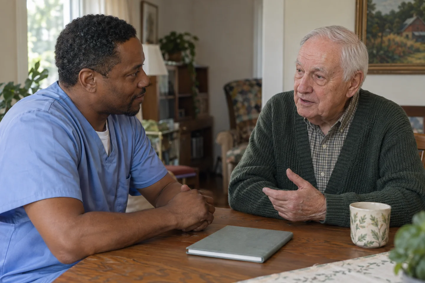 A caregiver talking with a family at the table