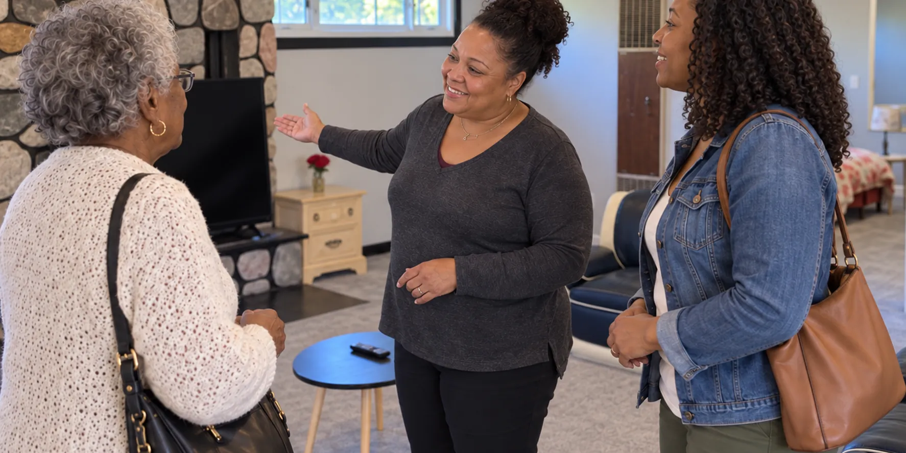 A staff member showing a family the living room