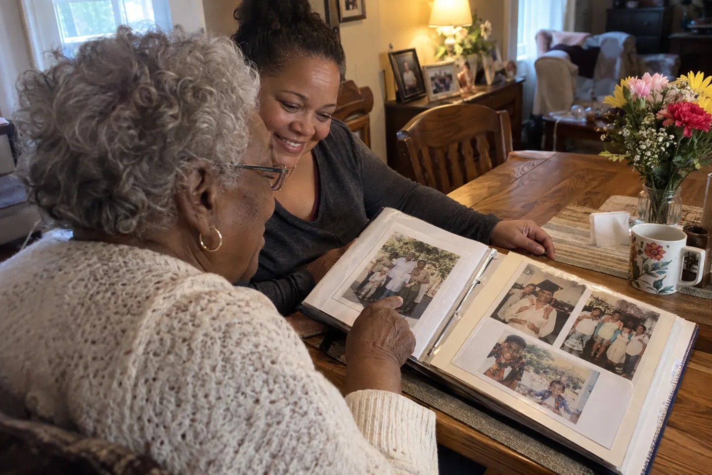 A resident looking through a photo album with a caregiver
