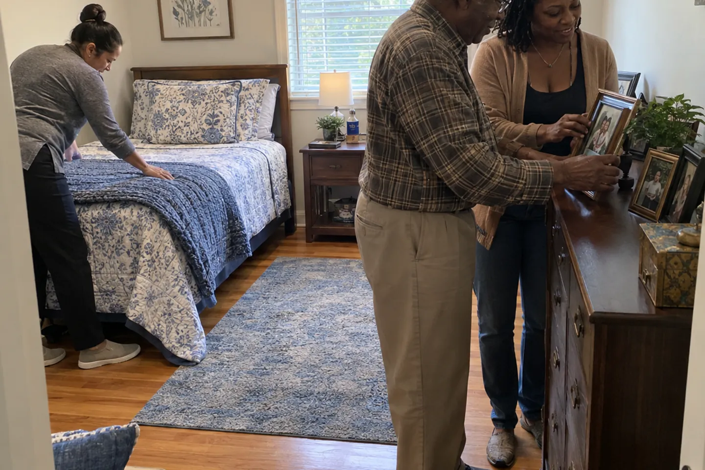 A resident and his daughter settling into his bedroom