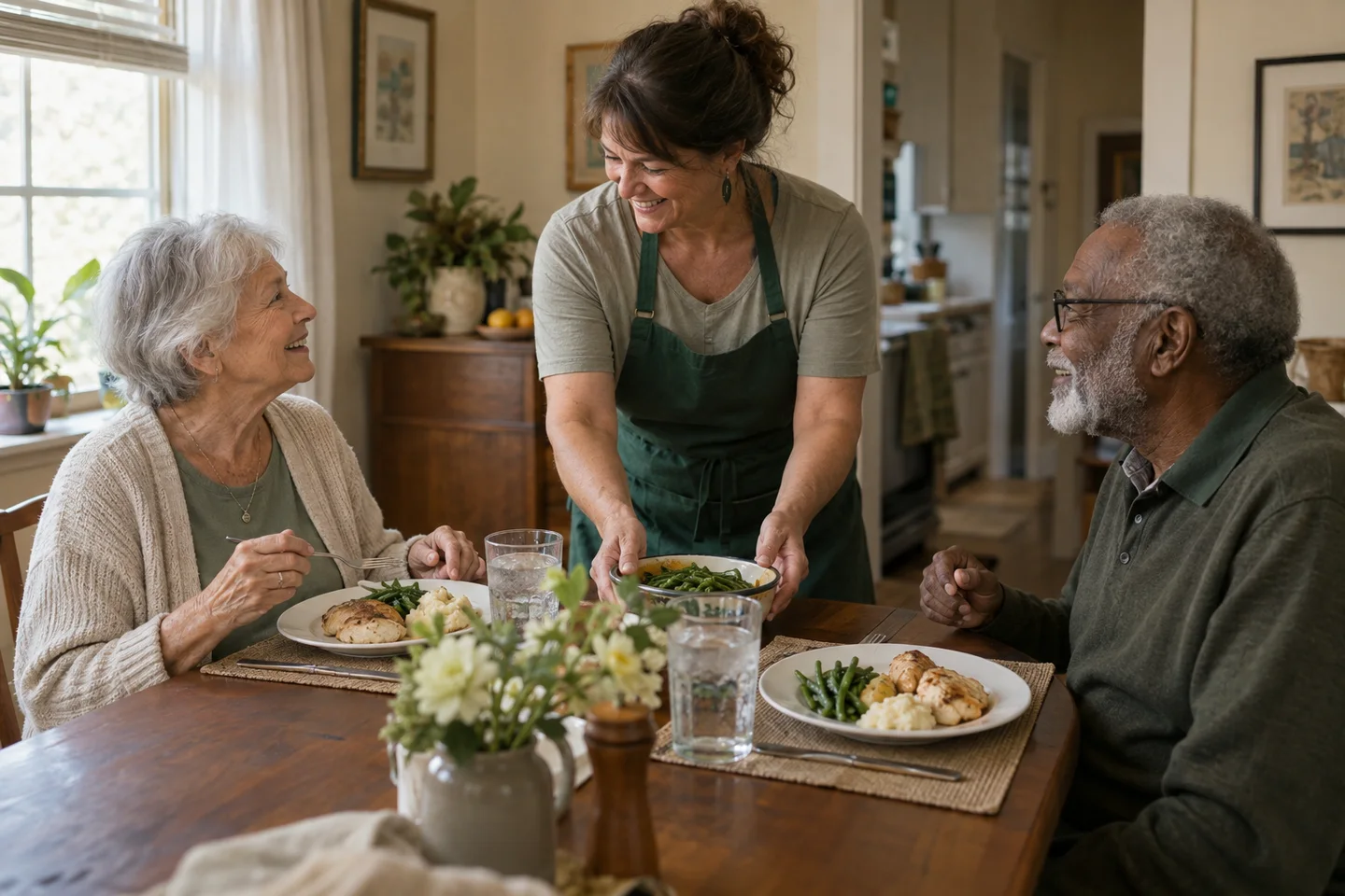A caregiver serving dinner to two residents at the kitchen table