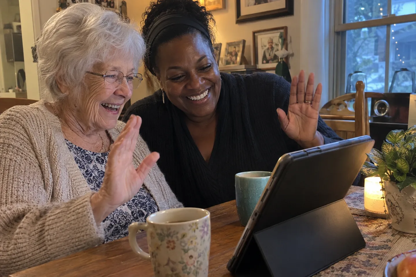 A resident on a video call with family