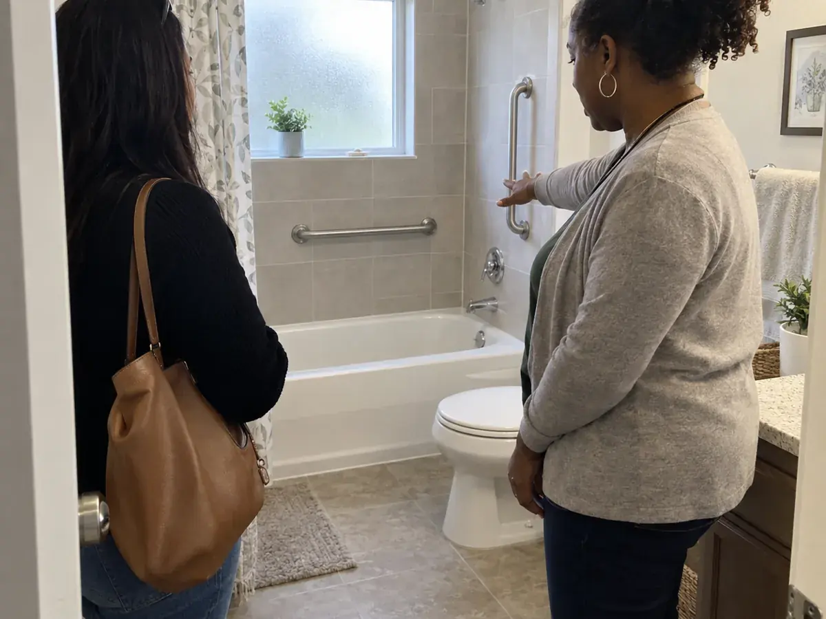 A staff member showing a visitor the bathroom