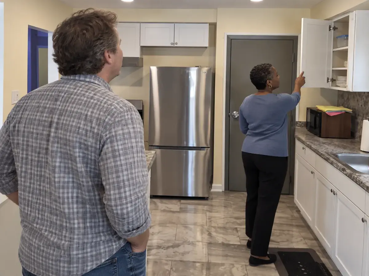 A staff member showing a visitor the kitchen