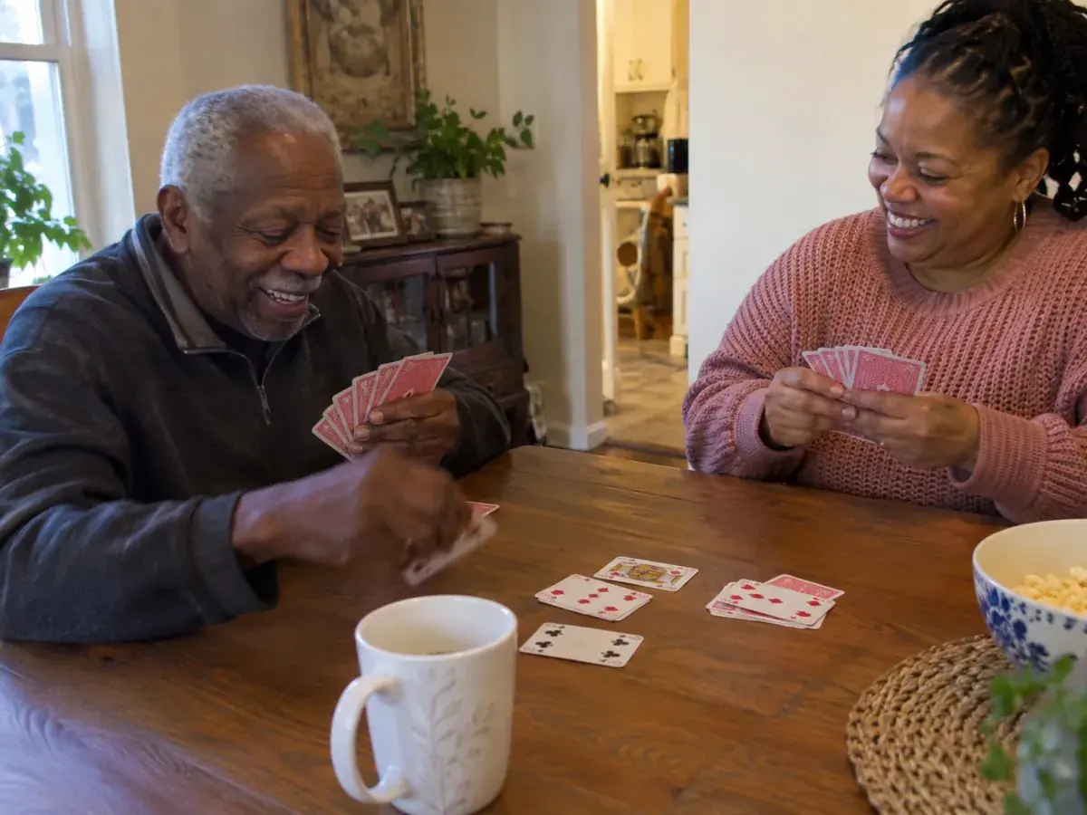 A resident playing cards with a caregiver