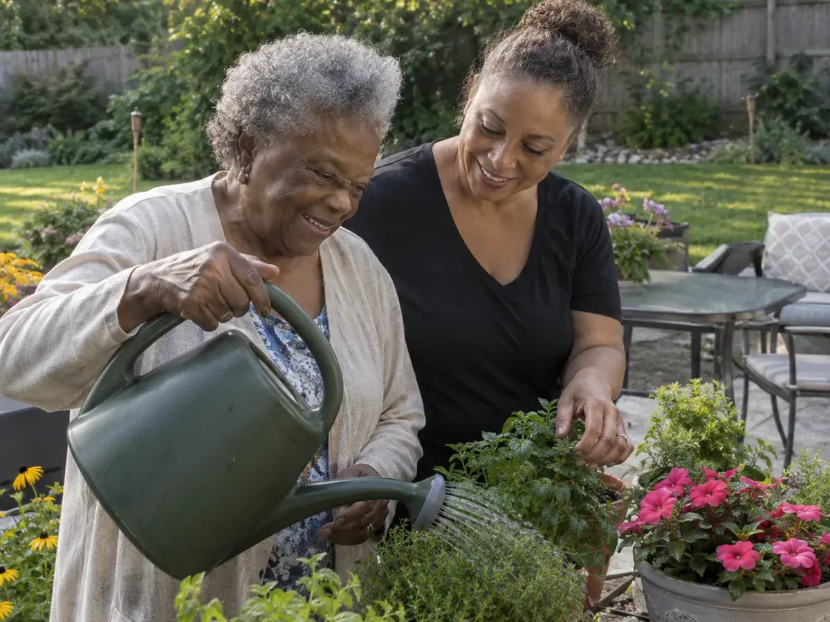 A resident watering flowers with a caregiver
