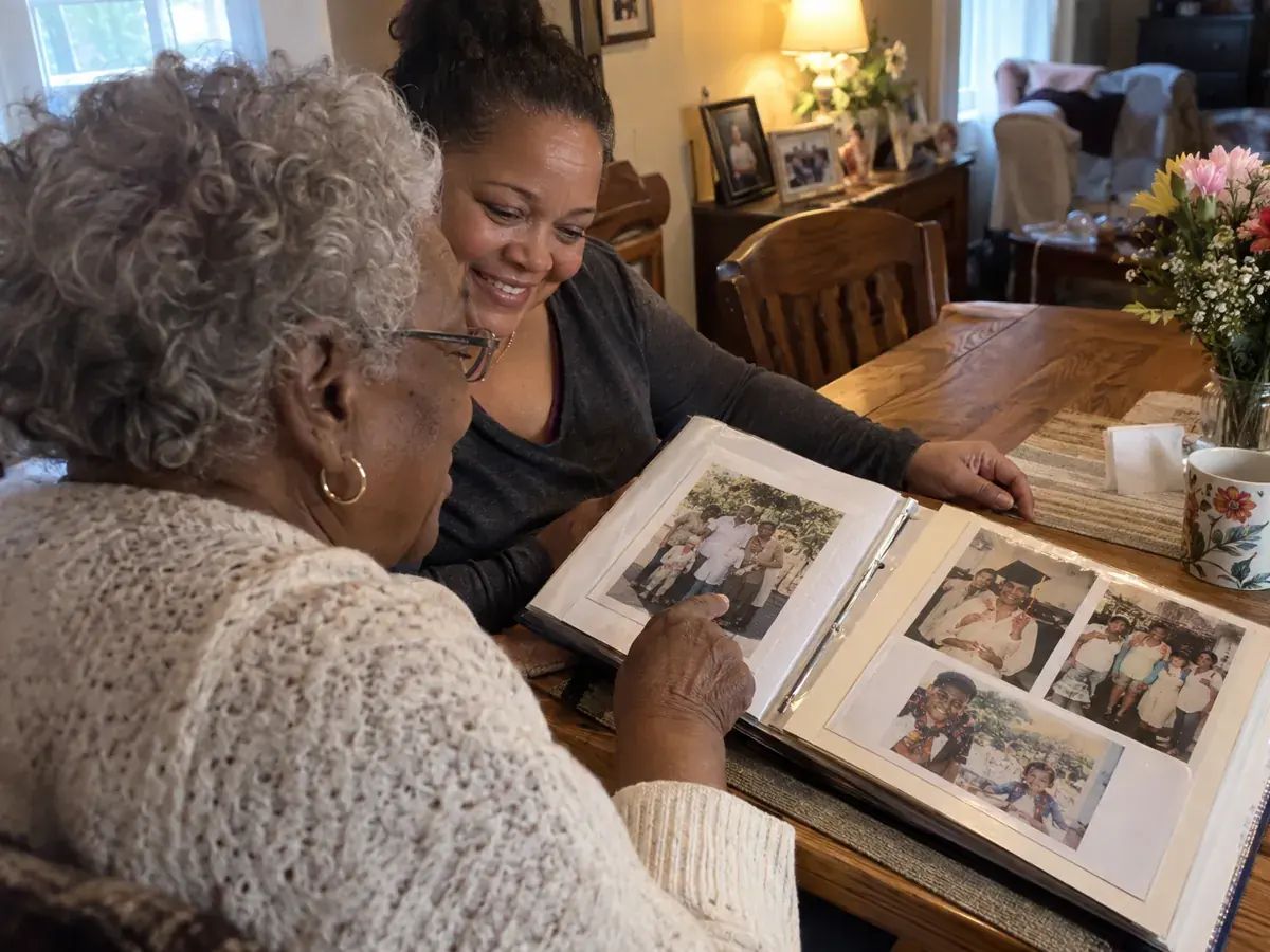 A resident looking through a photo album with a caregiver