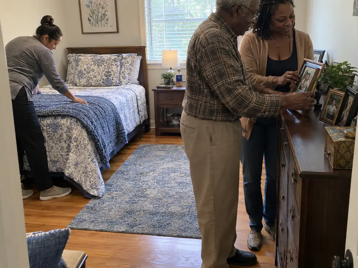 A resident and his daughter settling into his bedroom