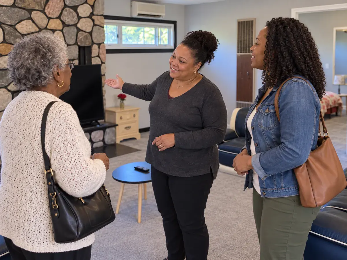 A staff member showing a family the living room