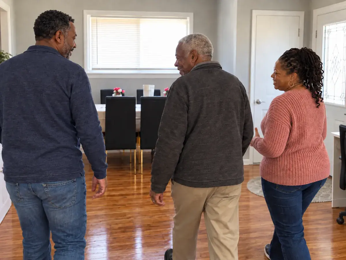 A family touring the main room with a staff member