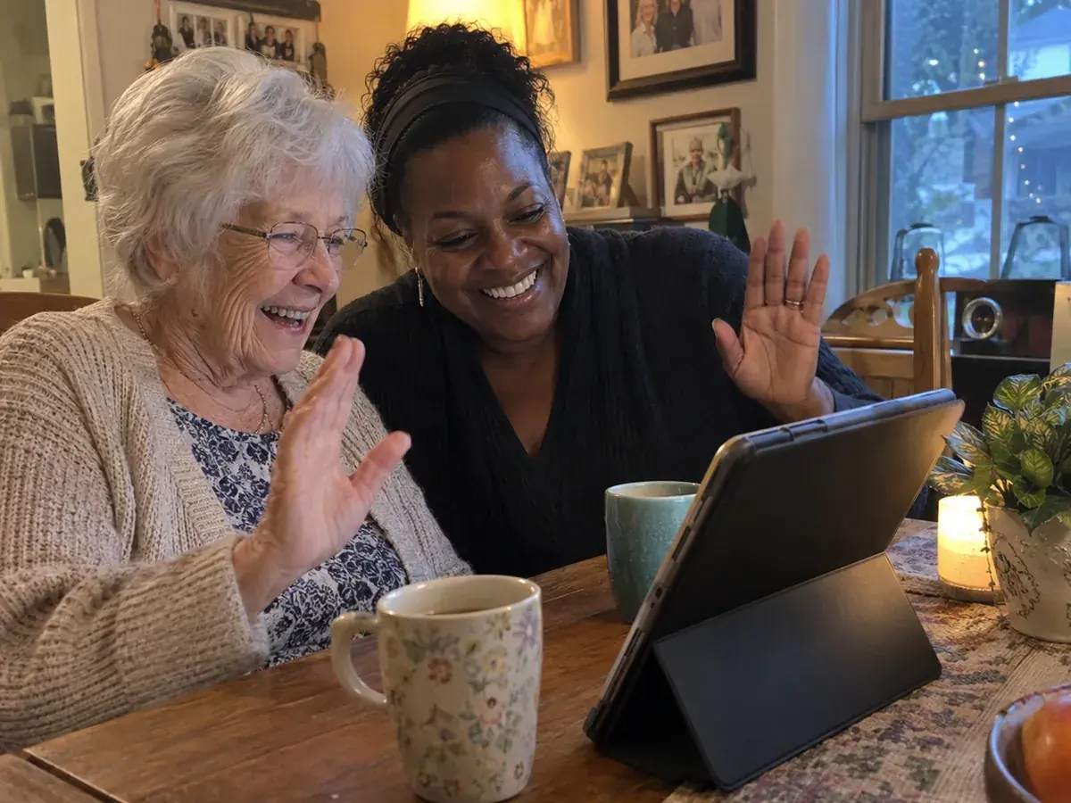 A resident on a video call with family